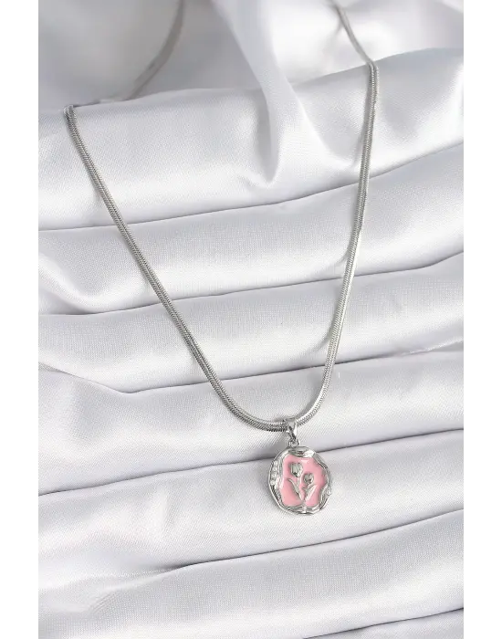  Gümüş  İtalyan Zincir Pembe Çiçek Madalyon Model  Çelik Kolye
