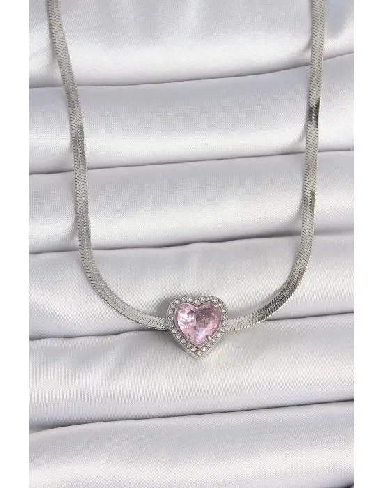 316L Çelik Gümüş Renk İtalyan Zincir Pembe Zirkon Taşlı Kalp Model Kadın Kolye