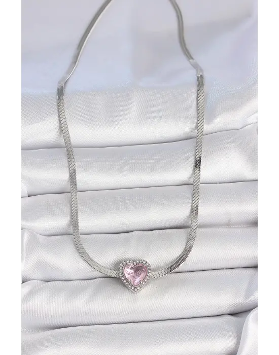 316L Çelik Gümüş Renk İtalyan Zincir Pembe Zirkon Taşlı Kalp Model Kadın Kolye