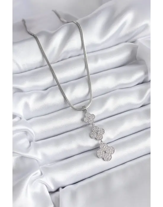  Gümüş  İtalyan Zincir Zirkon Taşı Yonca Model  Çelik Kolye