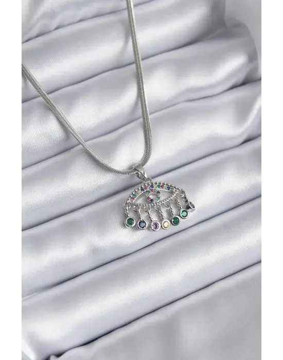  Gümüş  İtalyan Zincir Zirkon Taşlı Göz Figür  Çelik Kolye