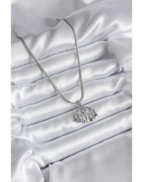  Gümüş  İtalyan Zincir Zirkon Taşlı Göz Figür  Çelik Kolye