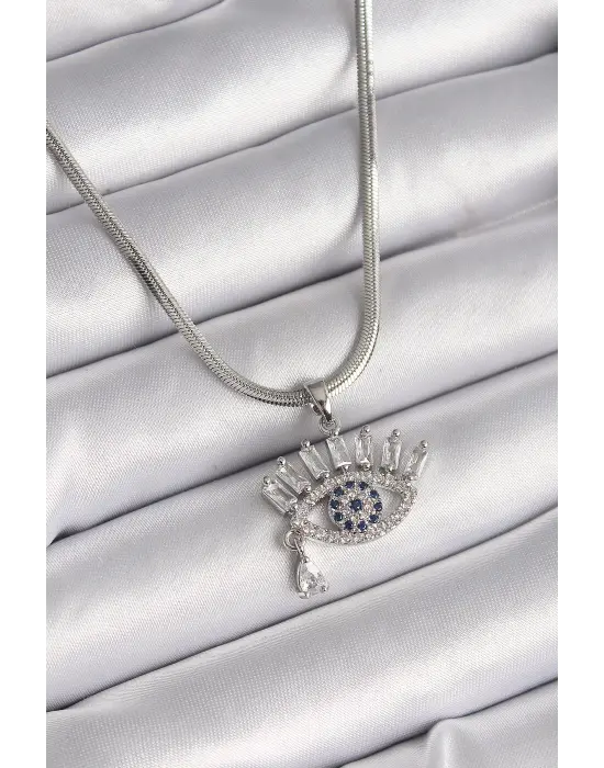  Gümüş  İtalyan Zincir Zirkon Taşlı Göz Model  Çelik Kolye