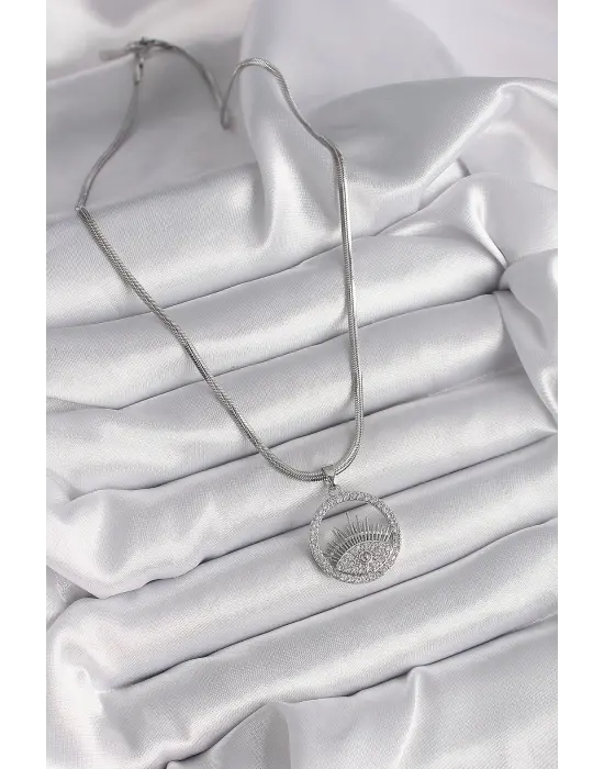  Gümüş  İtalyan Zincir Zirkon Taşlı Göz Model  Çelik Kolye