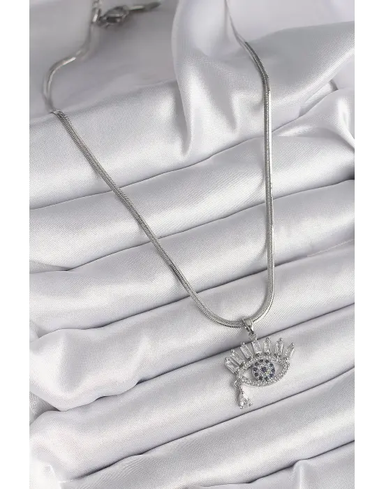  Gümüş  İtalyan Zincir Zirkon Taşlı Göz Model  Çelik Kolye