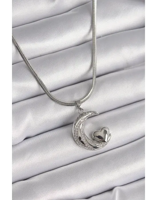  Gümüş  İtalyan Zincir Zirkon Taşlı Halil Figür Kalp Detay  Çelik Kolye
