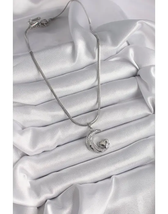  Gümüş  İtalyan Zincir Zirkon Taşlı Halil Figür Kalp Detay  Çelik Kolye