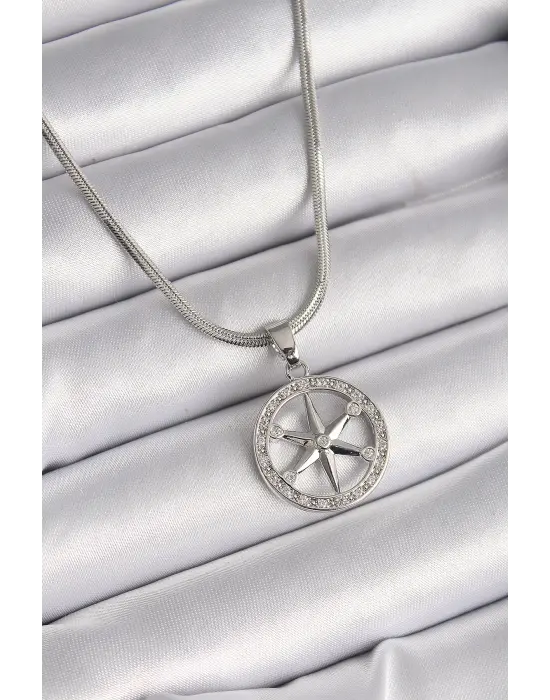  Gümüş  İtalyan Zincir Zirkon Taşlı Kutup Yıldız Model  Çelik Kolye