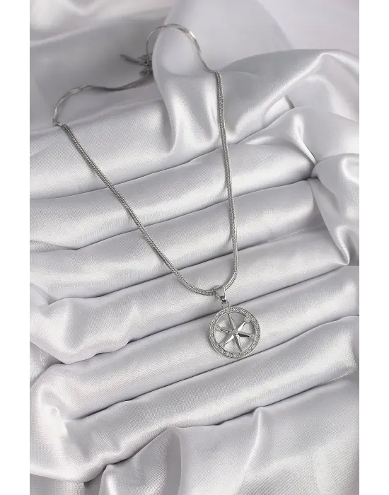  Gümüş  İtalyan Zincir Zirkon Taşlı Kutup Yıldız Model  Çelik Kolye