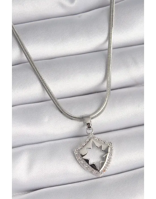  Gümüş  İtalyan Zincir Zirkon Taşlı Kutup Yıldızı İşleme Model  Çelik Kolye