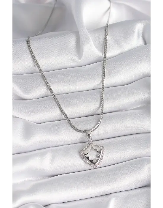  Gümüş  İtalyan Zincir Zirkon Taşlı Kutup Yıldızı İşleme Model  Çelik Kolye