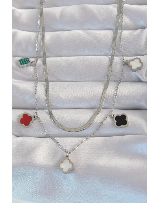  Gümüş  İtalyan Zincirli li Mineli Çoklu Yonca Çelik Kolye