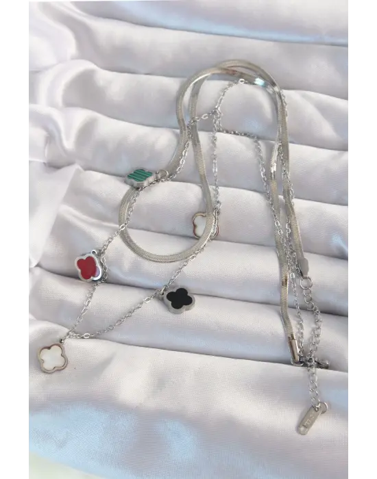  Gümüş  İtalyan Zincirli li Mineli Çoklu Yonca Çelik Kolye