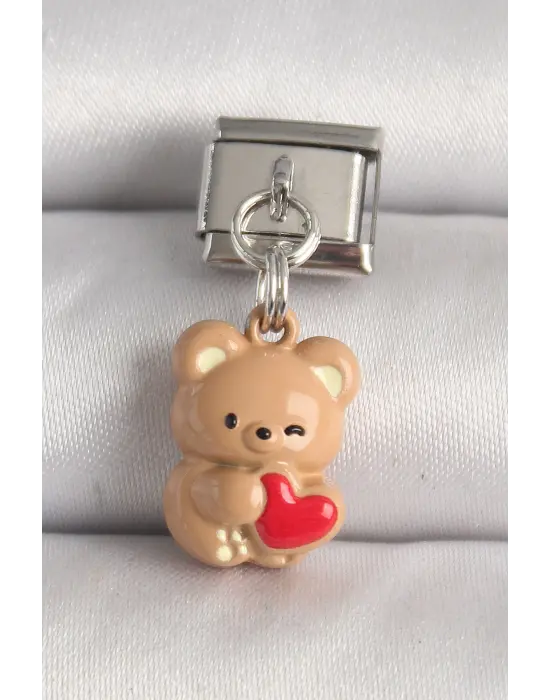 316L Çelik Gümüş Renk Kahverengi Ayıcık Model Kırmızı Kalp Detay Nomination Charm