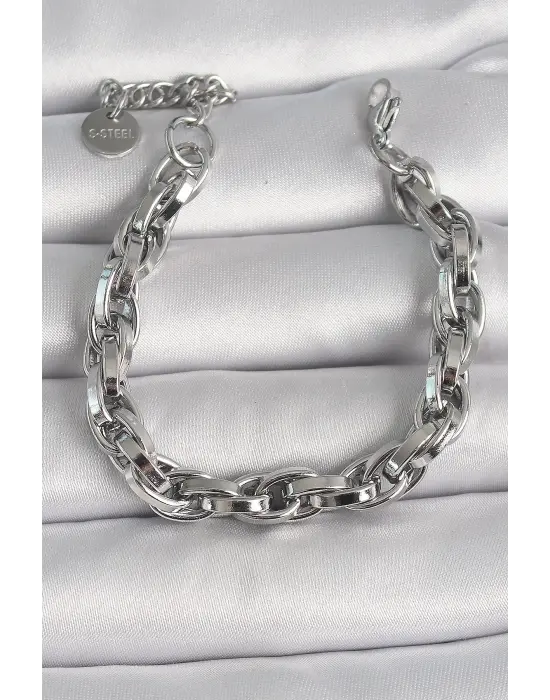 316L Çelik Gümüş Renk Kalın Zincir Model Kadın Bileklik