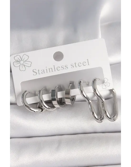 316L Çelik Gümüş Renk Kalp Halka Model Kadın Küpe Seti