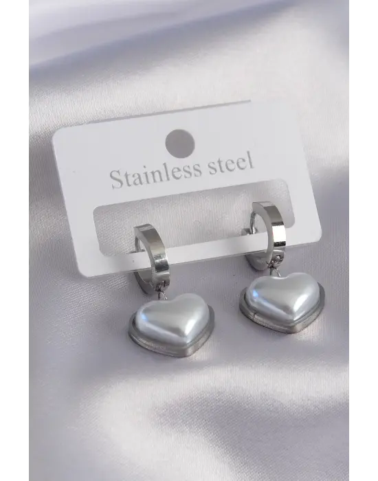 316L Çelik Gümüş Renk Kalp Model Kadın Küpe