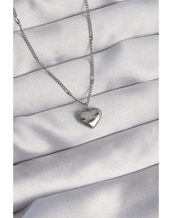  Gümüş  Kalp Model Love Çelik Kolye