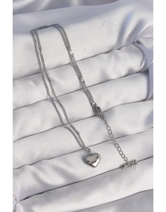  Gümüş  Kalp Model Love Çelik Kolye
