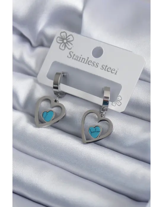   Gümüş Kalp Model Mavi Taş Detay Çelik Küpe