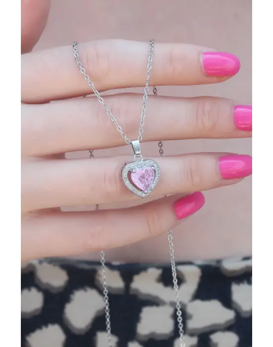 316L Çelik Gümüş Renk Kalp Model Zirkon Taşlı Kadın Kolye