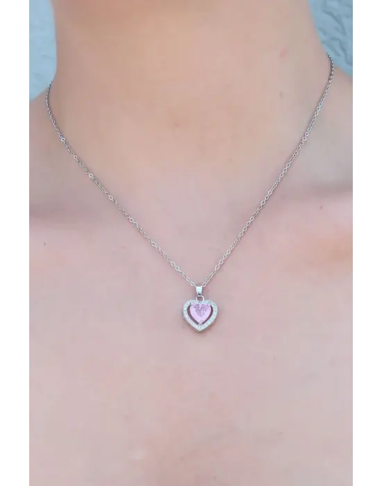 316L Çelik Gümüş Renk Kalp Model Zirkon Taşlı Kadın Kolye