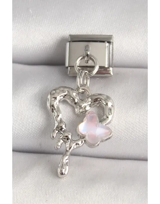 316L Çelik Gümüş Renk Kalp Pembe Mineli Kelebek Detay Nomination Charm