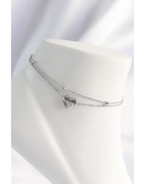 316L Çelik Gümüş Renk Kalp Tasarımlı 2li Halhal