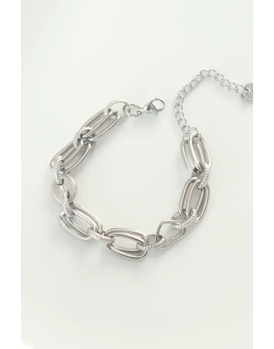 316L Çelik Gümüş Renk Kalpli Zincir Geçmeli Bileklik