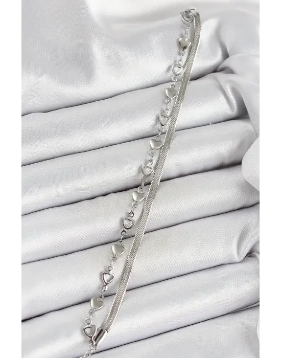 316L Çelik Gümüş Renk Kalpli Zincir ve İtalyan Zincirli 2li Kadın Bileklik