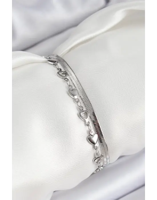 316L Çelik Gümüş Renk Kalpli Zincir ve İtalyan Zincirli 2li Kadın Bileklik