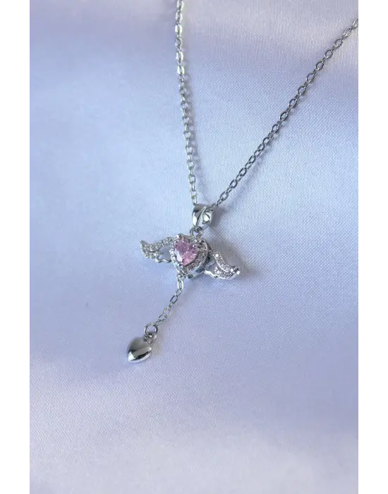  Gümüş  Kanatlı Kalp Figür Zirkon Taş Detay  Çelik Kolye