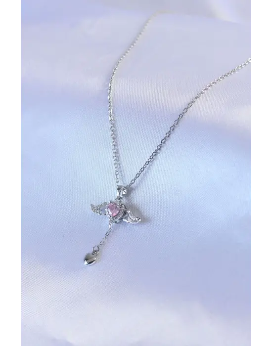 Gümüş  Kanatlı Kalp Figür Zirkon Taş Detay  Çelik Kolye