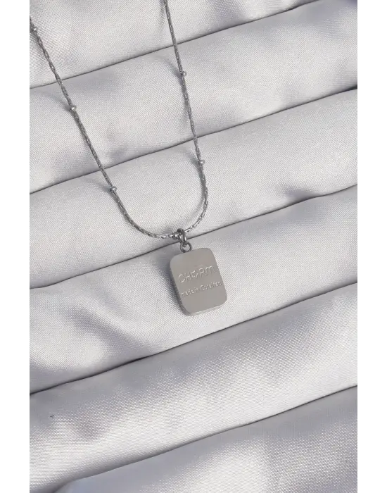  Gümüş  Kare Charm Model Çelik Kolye