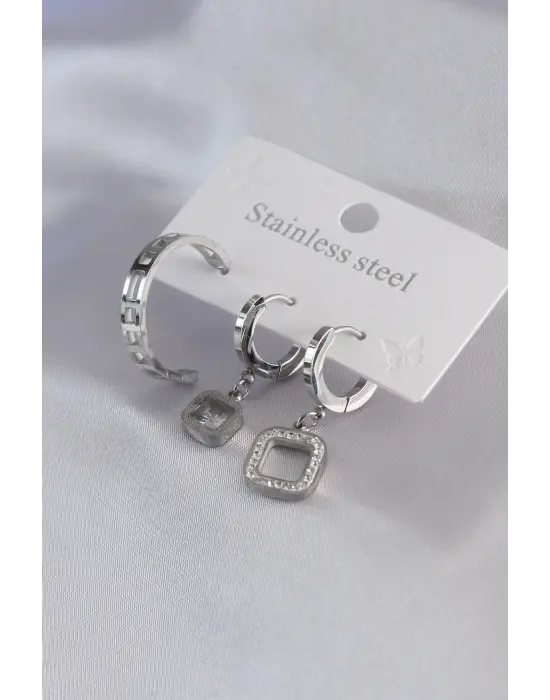 316L Çelik Gümüş Renk Kare Figür Zirkon Taş Detay Kadın Küpe Kombini