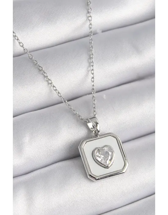  Gümüş  Kare Madalyon Kalp Zirkon Taş İşleme  Çelik Kolye