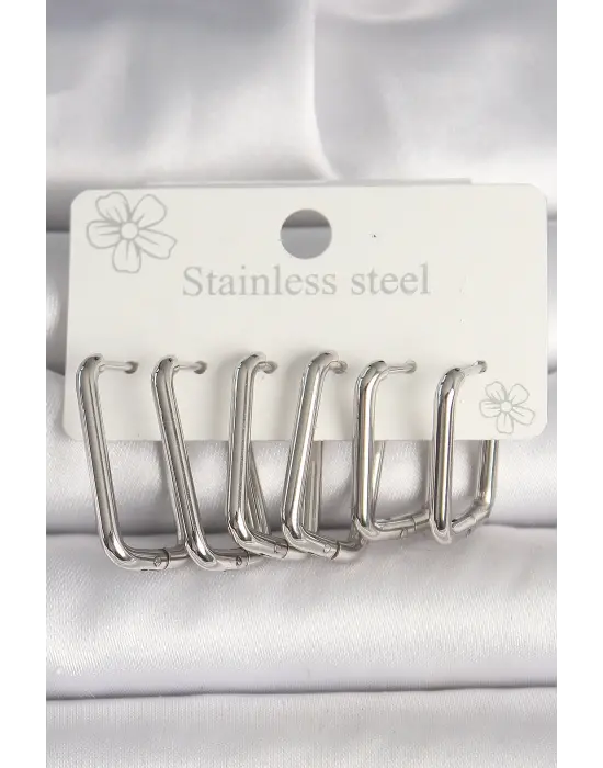 316L Çelik Gümüş Renk Kare Model Kadın Küpe Seti