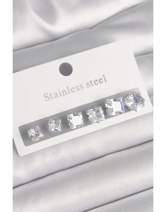   Gümüş Kare Zirkon Taşlı Çelik Küpe Seti