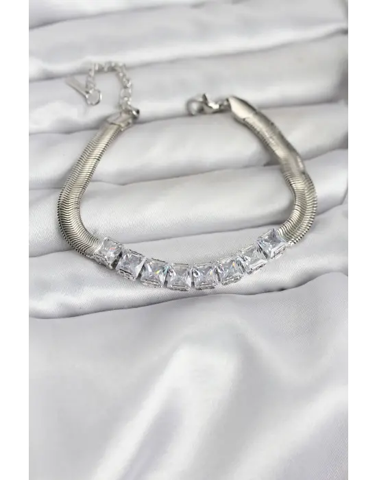 316L Çelik Gümüş Renk Kare Zirkon Taşlı Yılan Zincirli Kadın Bileklik