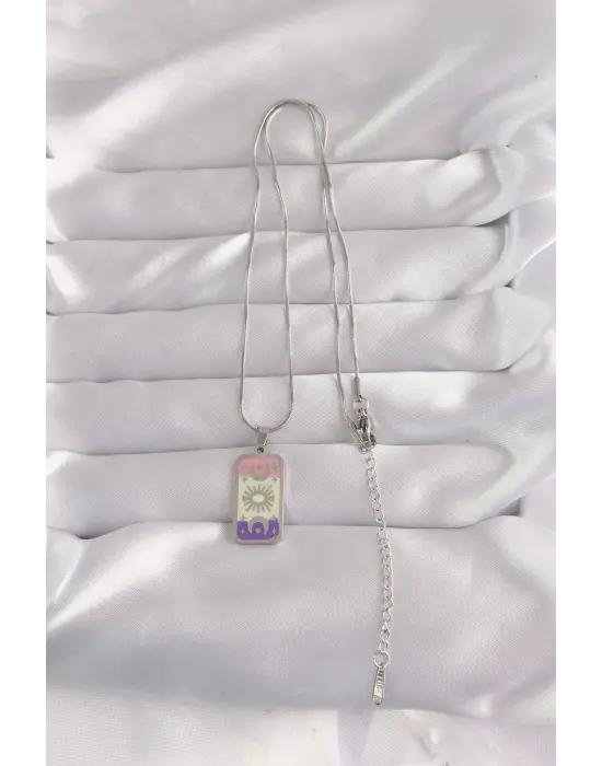  Gümüş  Karışık Mineli Ay Figür Tarot Çelik Kolye