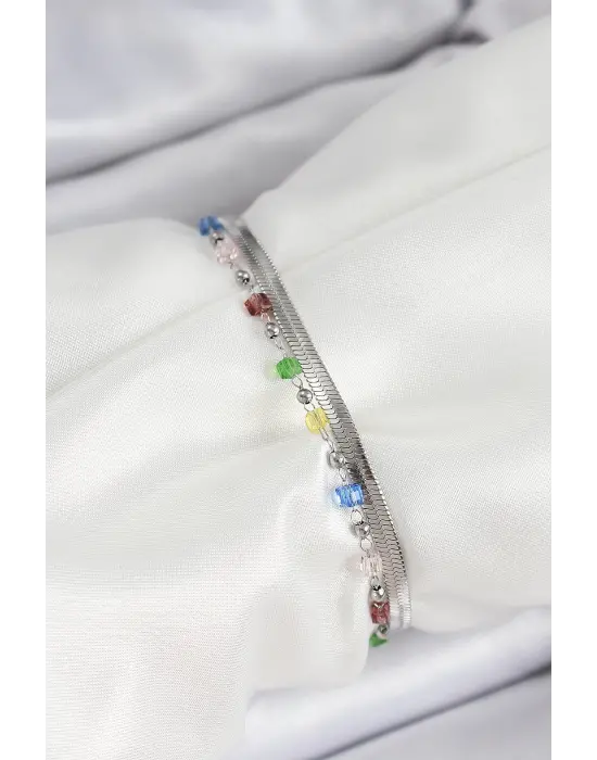 316L Çelik Gümüş Renk Karışık Renkli Kristal Taşlı Kadın Bileklik