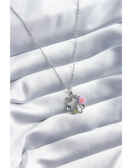  Gümüş  Kedi Çiçek Kelebek Figür  Çelik Kolye