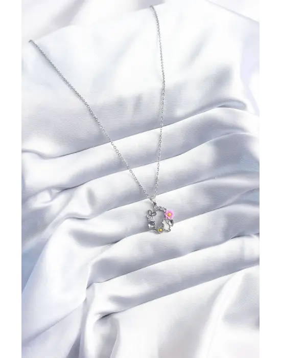  Gümüş  Kedi Çiçek Kelebek Figür  Çelik Kolye