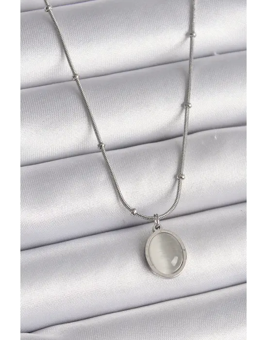  Gümüş  Kedi Gözü Sedefli Oval Model  Çelik Kolye