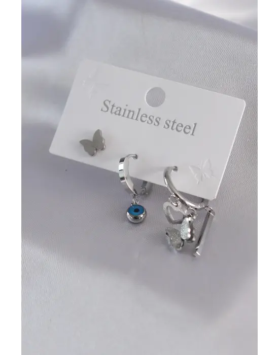 316L Çelik Gümüş Renk Kelebek Figür Kalp Detay Kadın Küpe Kombini