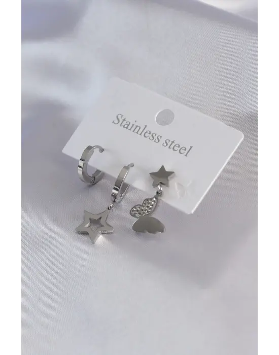 316L Çelik Gümüş Renk Kelebek Figür Zirkon Taş Detay Kadın Küpe Kombini