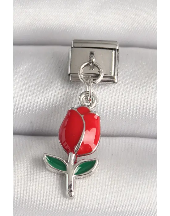316L Çelik Gümüş Renk Kırmızı Gül Model Nomination Charm