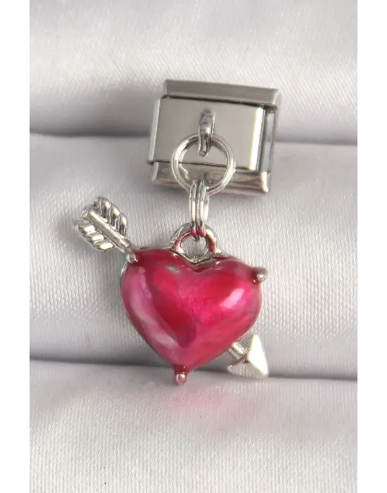 316L Çelik Gümüş Renk Kırmızı Kalp ve Ok Model Nomination Charm