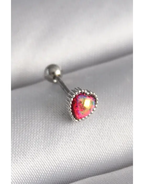 316L Çelik Gümüş Renk Kırmızı Mineli Kalp Tragus Piercing