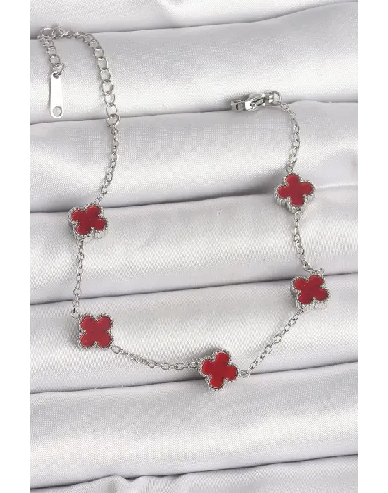 316L Çelik Gümüş Renk Kırmızı Yonca Model Kadın Bileklik